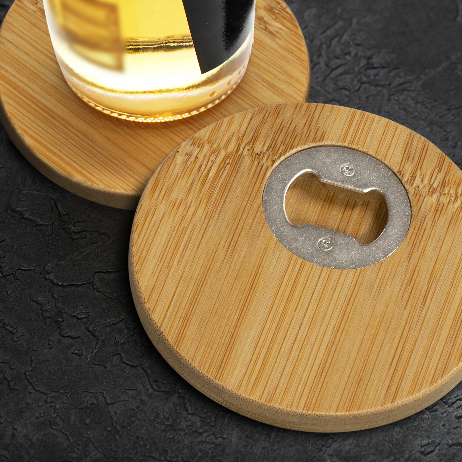 Bamboo Bottle Opener Coaster Set of 2 - Round 125550 | Feature