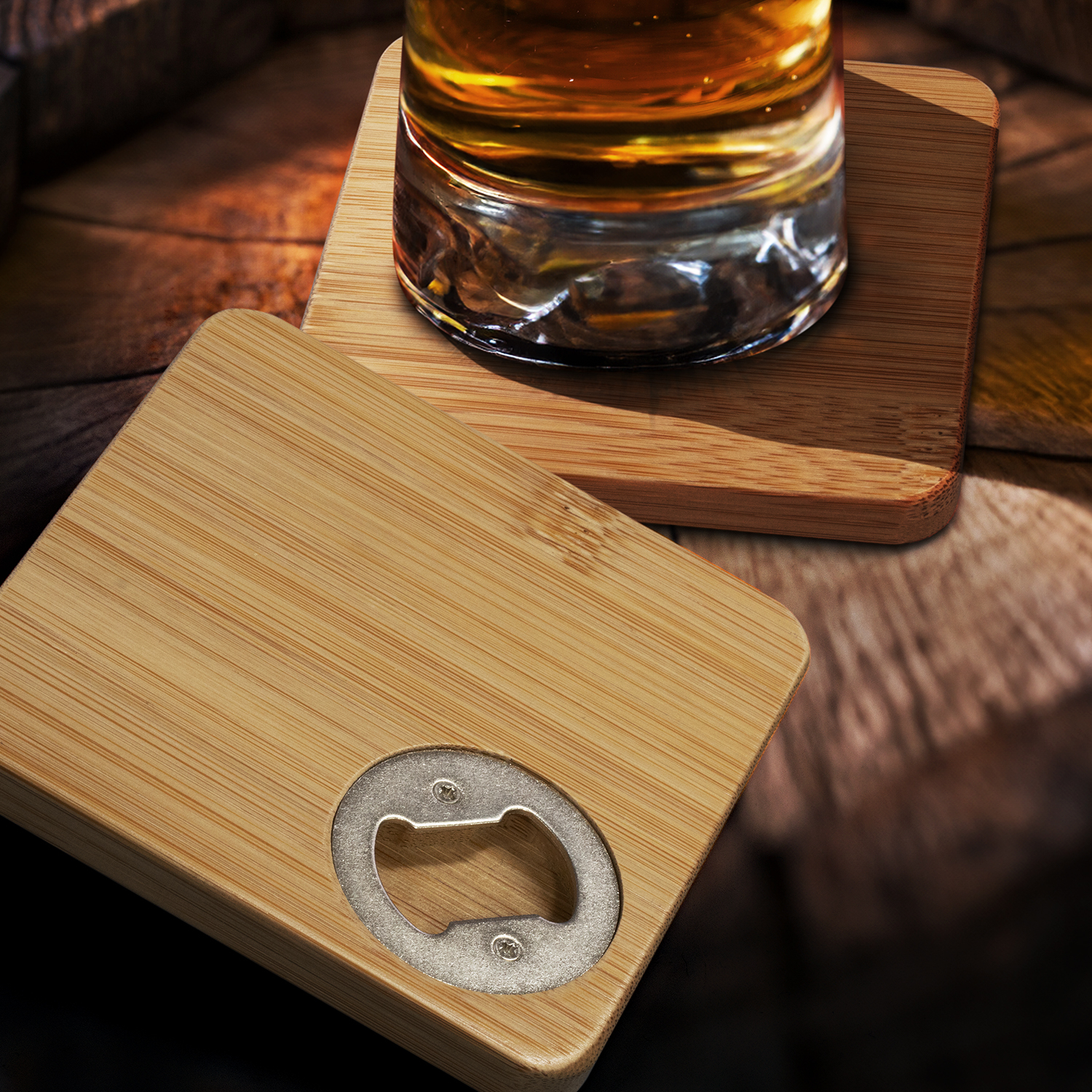 Bamboo Bottle Opener Coaster Set of 2 - Square 125551 | Feature