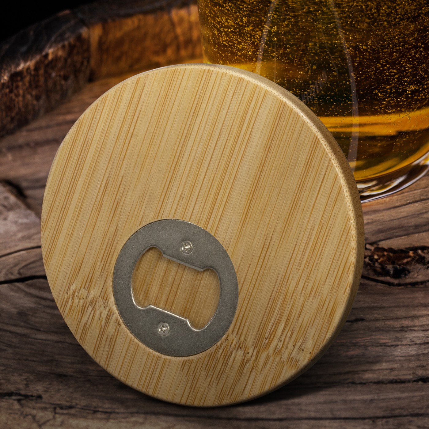 Bamboo Bottle Opener Coaster - Round 125938 | Feature