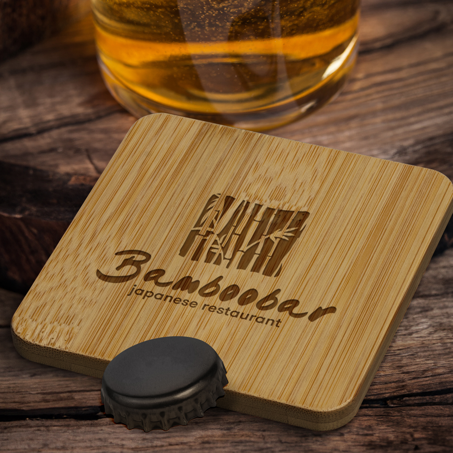 Bamboo Bottle Opener Coaster - Square 125939 | Feature