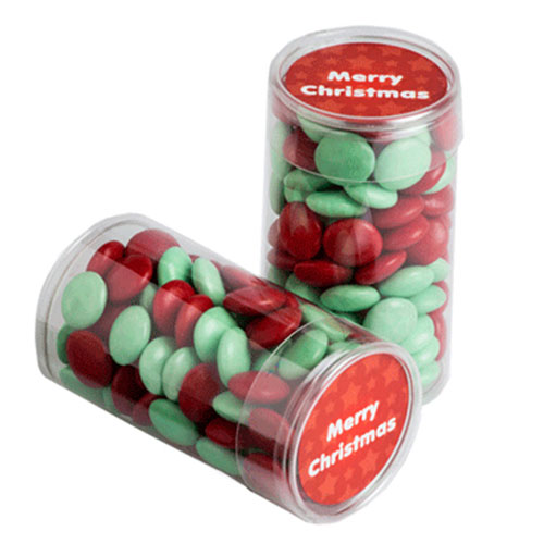 PET Tube filled with CHRISTMAS Choc Beans 100g CCX014B2